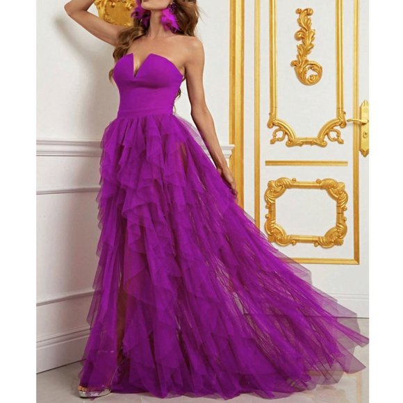 Chic Split Thigh Mesh Overlay Tube Maxi Dress purple - Picture 7 of 9